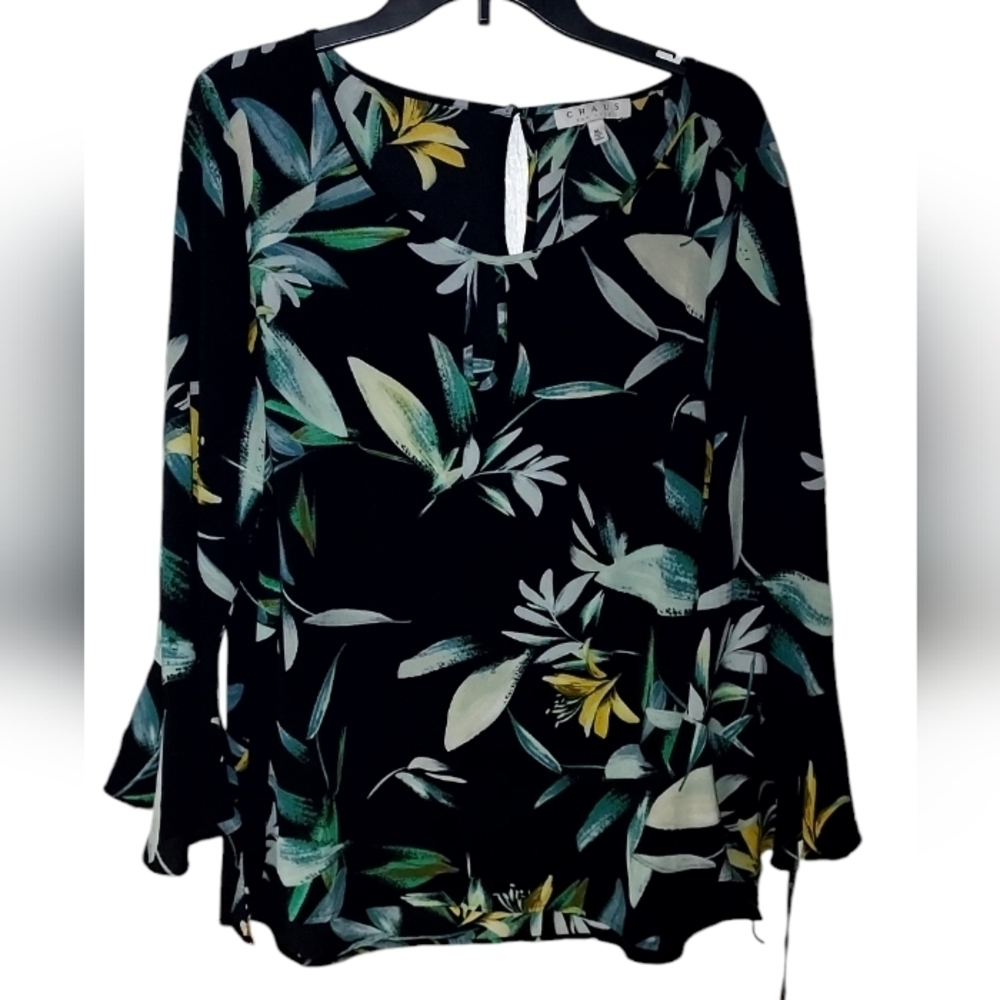 Chaus floral black blouse bell sleeves